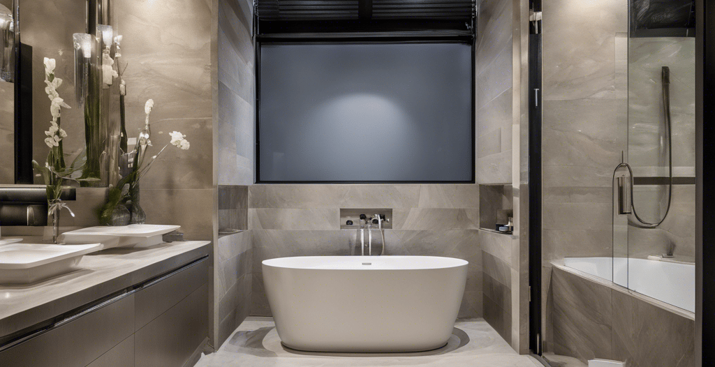 a bathroom with a tub tub and a large window