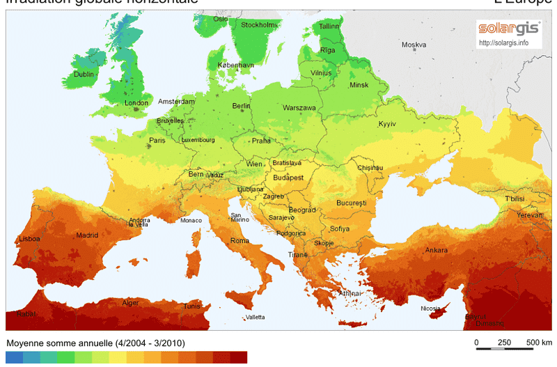 irradiation solaire horizontale en Europe
