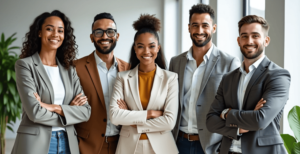 a group of business people standing in a row