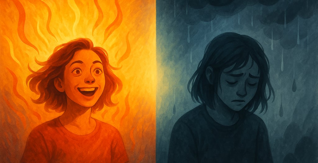 animaged representation of bipolar disorder represing same female with two contrasting moods