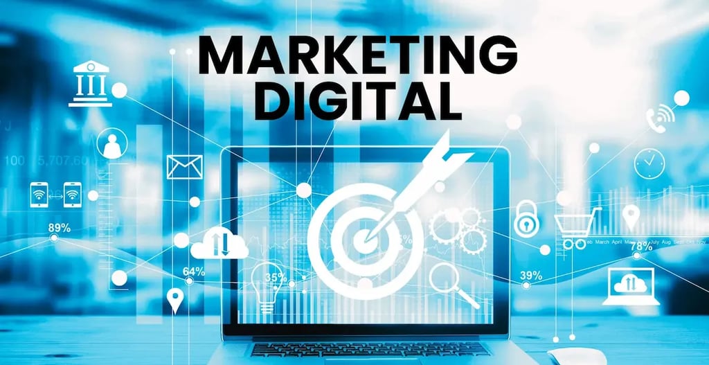 Ilustración de un computador con un tablero de objetivos y métricas conectadas, representando una es