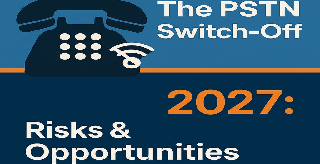 Digital graphic showing BT PSTN switch-off 2027 risks and opportunities for UK SMEs