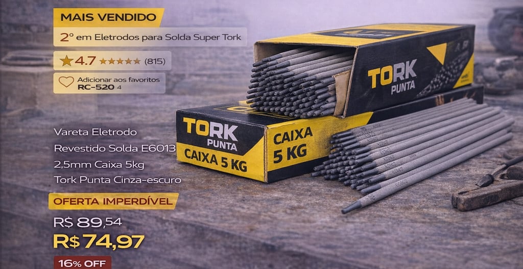 Eletrodo Revestido Tork Punta E6013 de 2,5mm em caixa de 5kg para soldagem profissional.