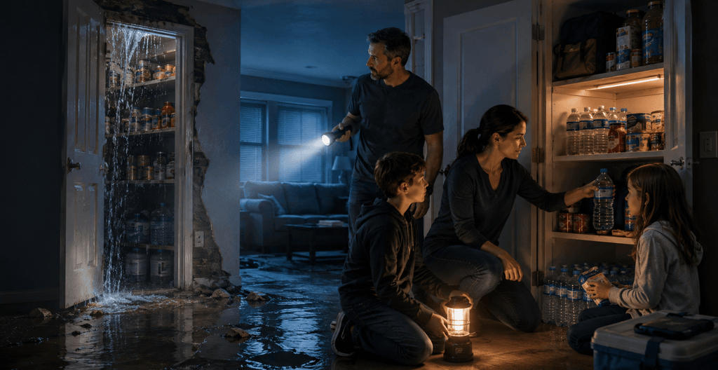 A family uses flashlights to gather emergency supplies in a flooded home during a natural disaster.