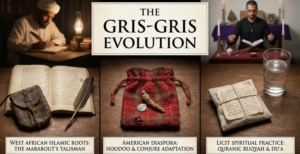 SCG Witchery guide to the Gris-Gris evolution comparing West African Islamic Marabout amulets, American Hoodoo conjure bags,