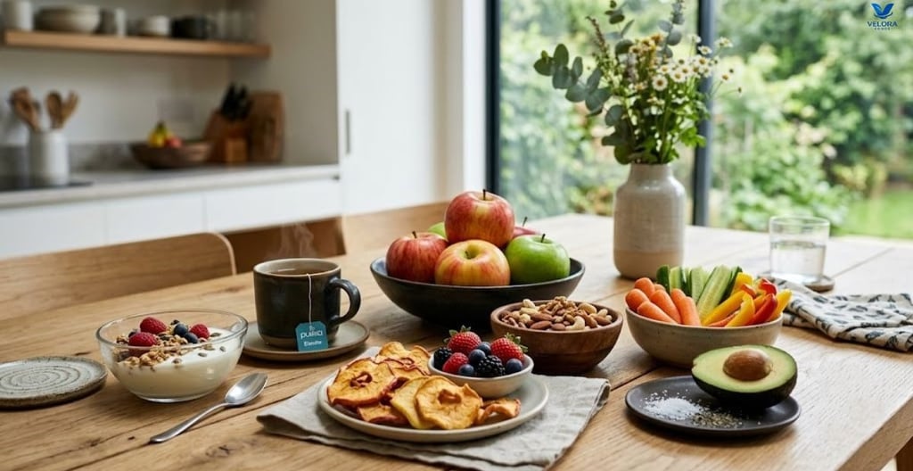 Healthy snacks including fresh fruits, yogurt, nuts, and naturally dehydrated fruits arranged on a w