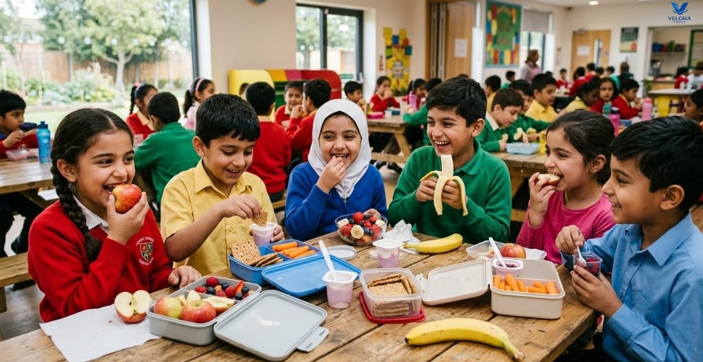 The image depicts a school lunch where children are eating healthy snacks.