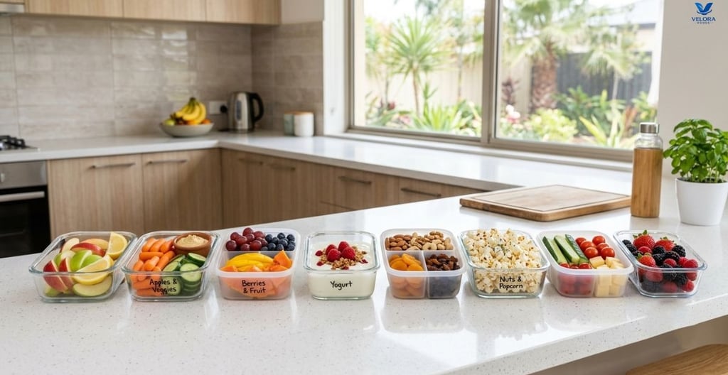 Weekly meal preparation – healthy snacks in reusable containers.