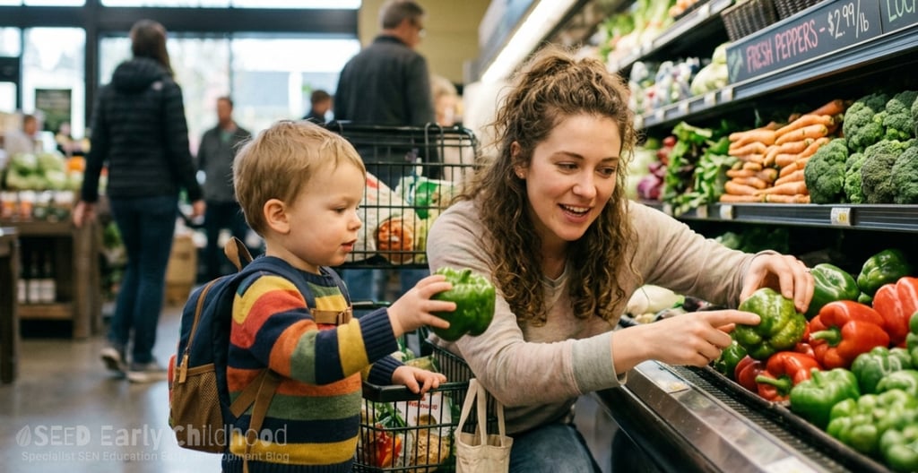 Mother and son at UK supermarket