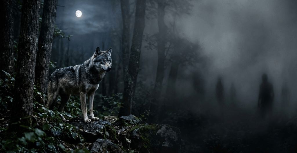 A gray wolf standing in a dark, misty forest under a full moon with ghostly shadows in the fog.