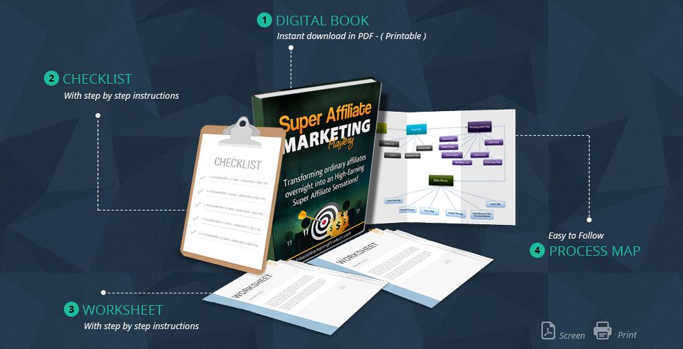 a digital book with a checklist, worksheet and process map of the super affiliate marketing mastery