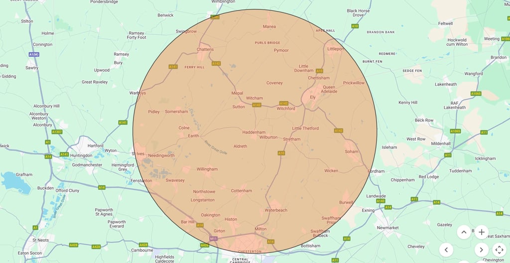 Map with a 10 mile radius shaded around Ely & Haddenham showing our free firewood delivery area