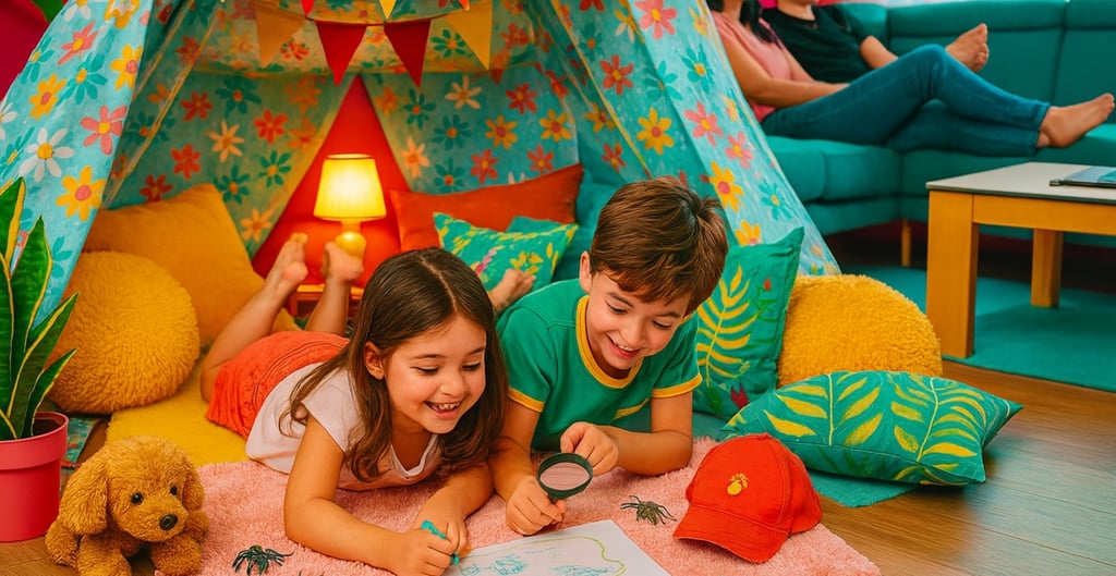 Crianças brincam numa sala acolhedora com sofá modular infantil, tapete macio, brinquedos acessíveis