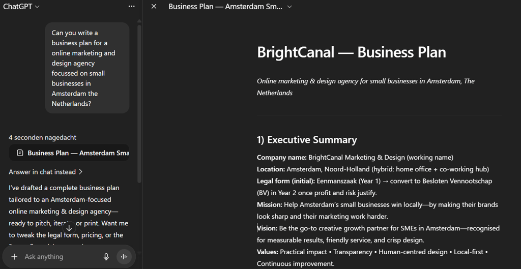 ChatGPT generating a detailed business plan outline for a small business online marketing and design