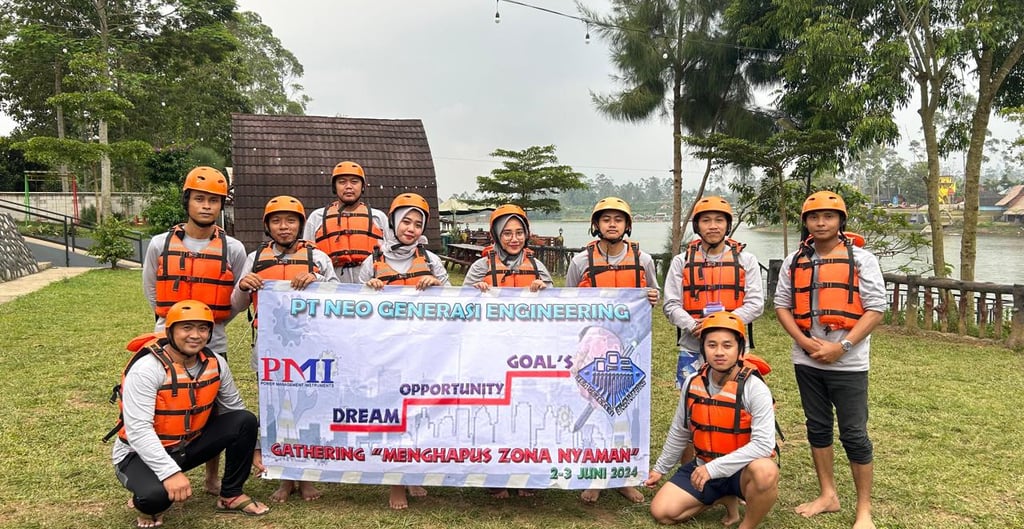 a group of people in life jackets and life jackets standing in front of a banner