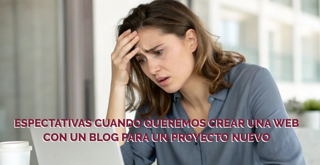 Mujer preocupada con texto que indica "Espectativas cuando queremos crear una web con un blog para un proyecto nuevo