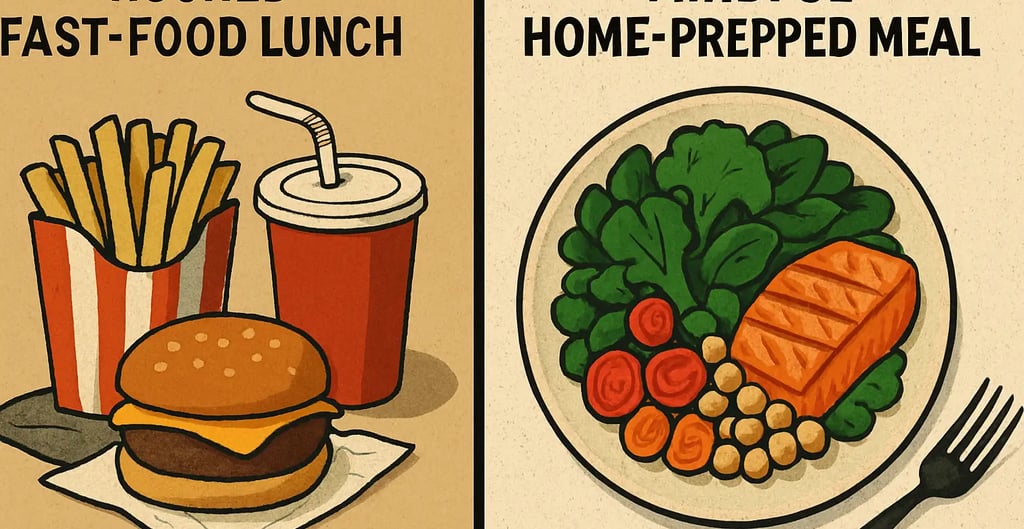 Nutritious food choices shown via fast food and home-cooked meal comparison for health awareness.