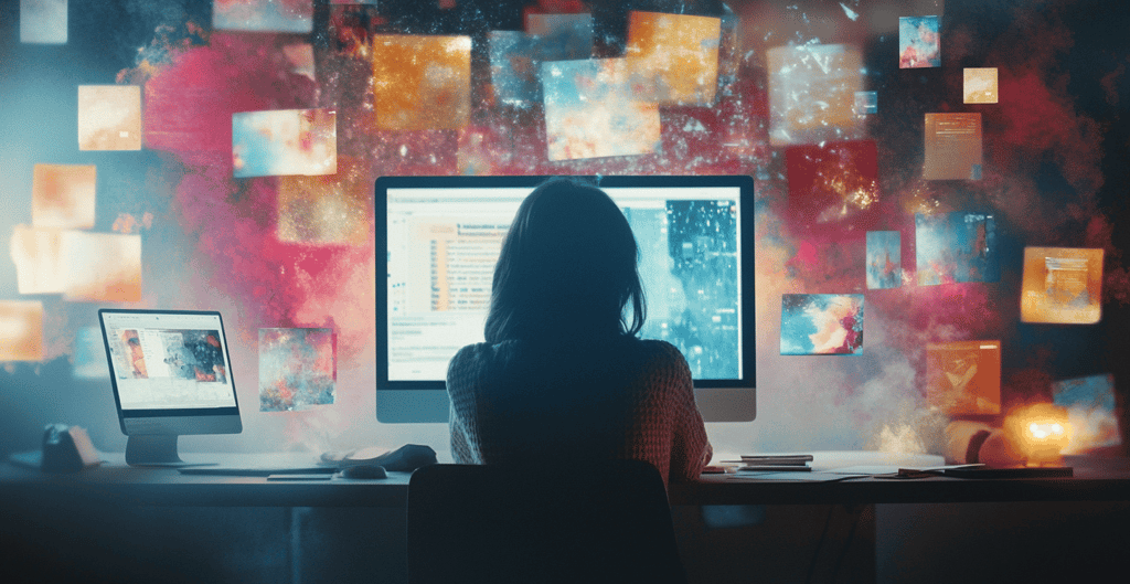 a woman sitting at a desk with a computer monitor and a computer monitor
