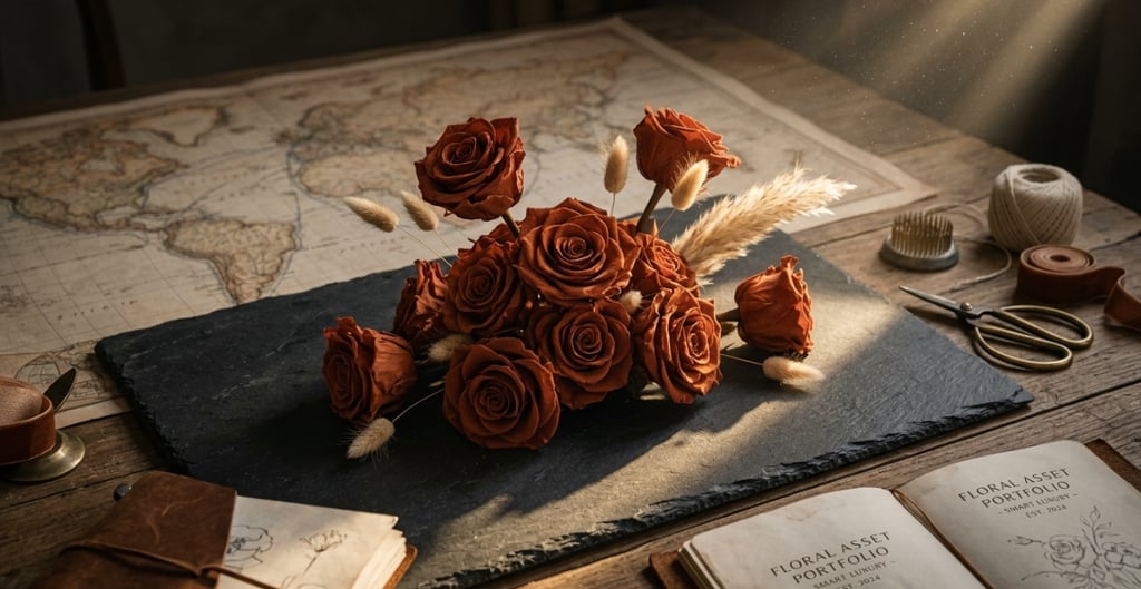 Cinematic Terracotta preserved roses and a global map, representing stable B2B smart luxury floral assets.