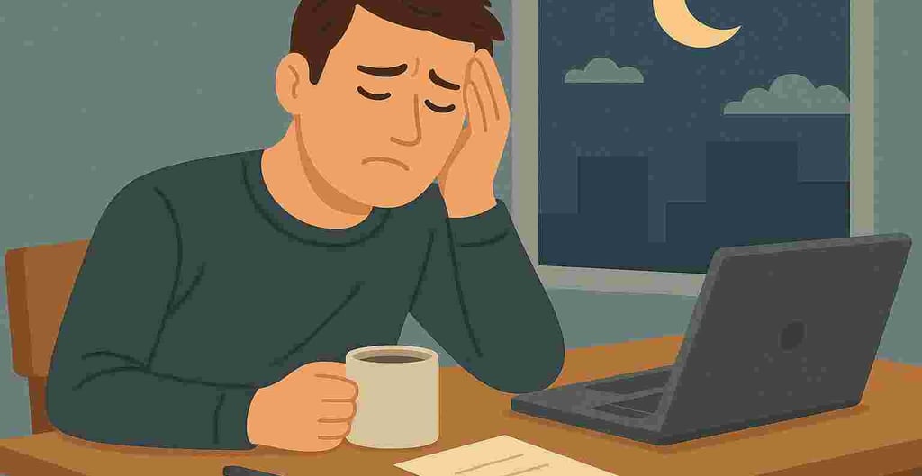 En nedstämd man som sitter med en kopp kaffe vid skrivbordet