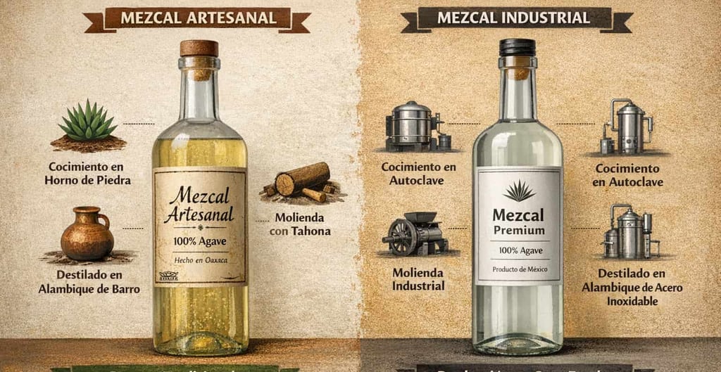 Comparación visual entre botellas de mezcal artesanal e industrial, mostrando diferencias en color, 