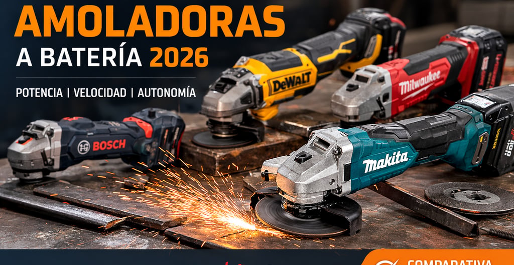 Las mejores amoladoras a batería 2026 de Makita, DeWalt, Milwaukee y Bosch con chispas de corte.