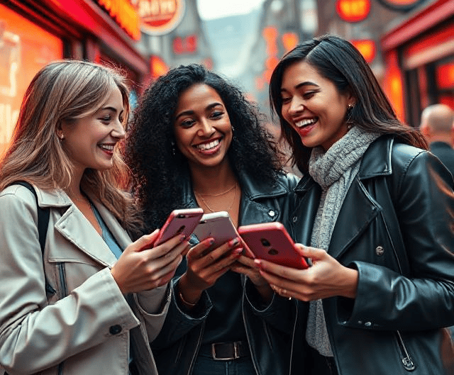 three women standing in a Amsterdam Red Light District street with their cell phones