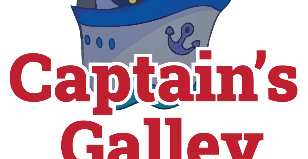 Captain’s Galley logo featuring red and white type and a cartoon captain on a ship
