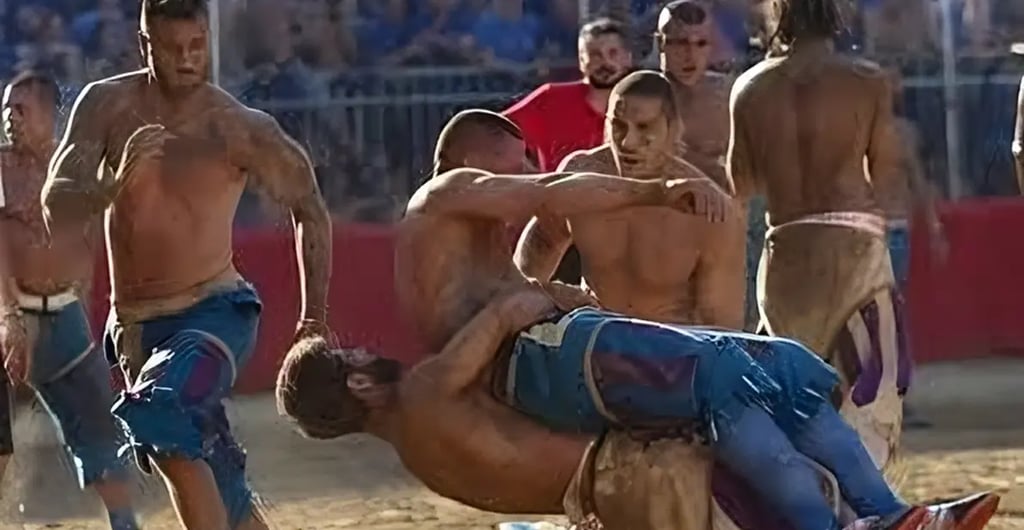 a man is wrestling with another man in the background, calcio fiorentino