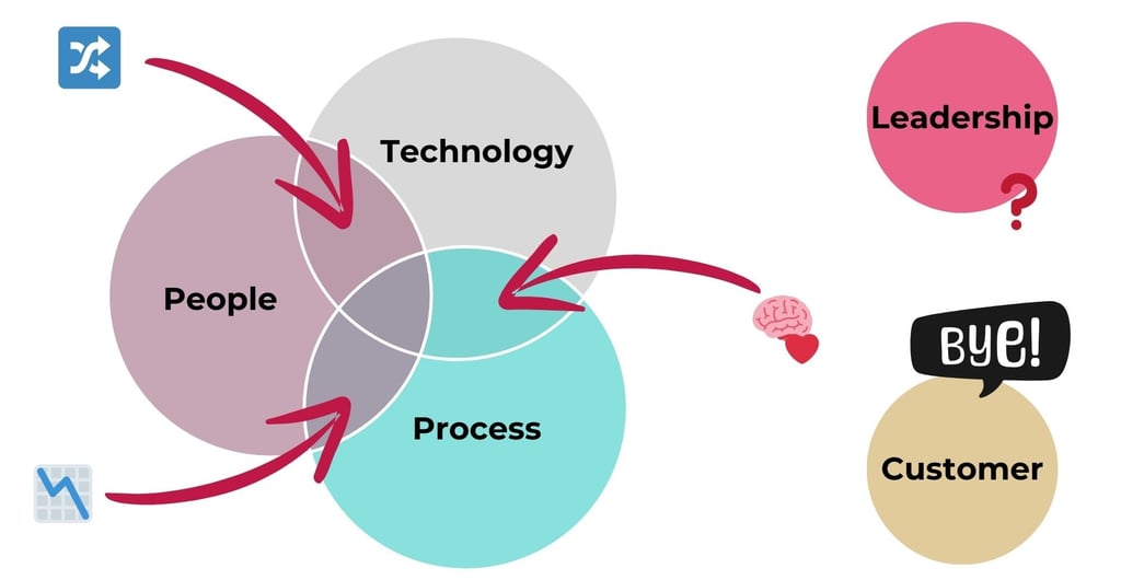 image showing a venn diagram for people process technology and leadership and customer off to the si