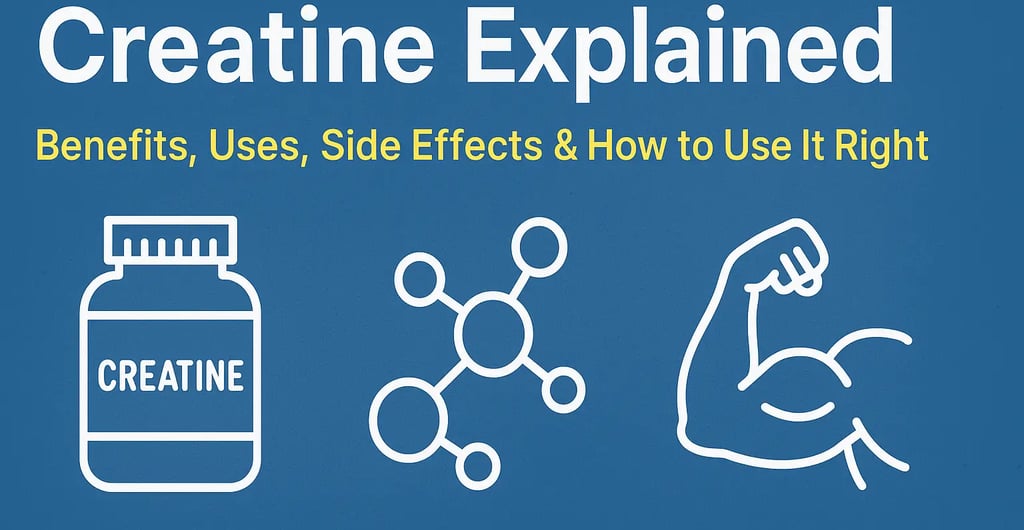 A visual guide showing a creatine supplement bottle, molecular structure