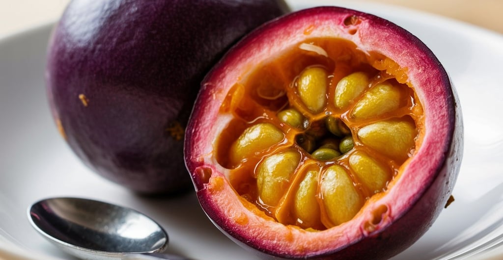 a passion fruit on a plate with spoons