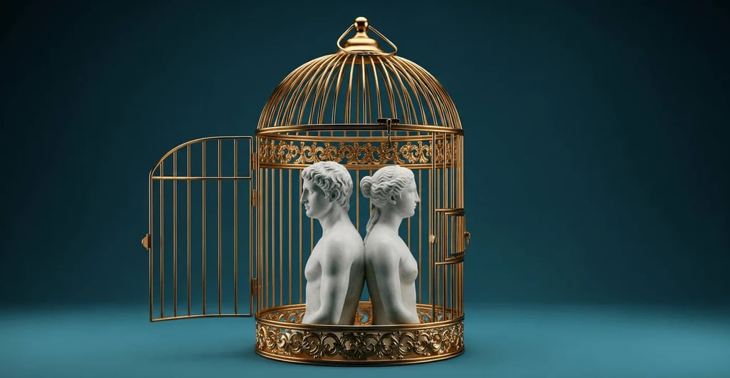 jaula de pájaros dorada y ornamentada con la puerta abierta de par en par. Dentro hay dos estatuas