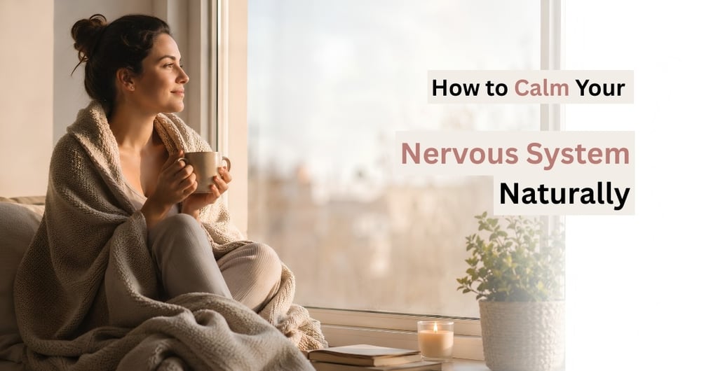 Woman drinking tea by a window as part of a calming nervous system support routine.