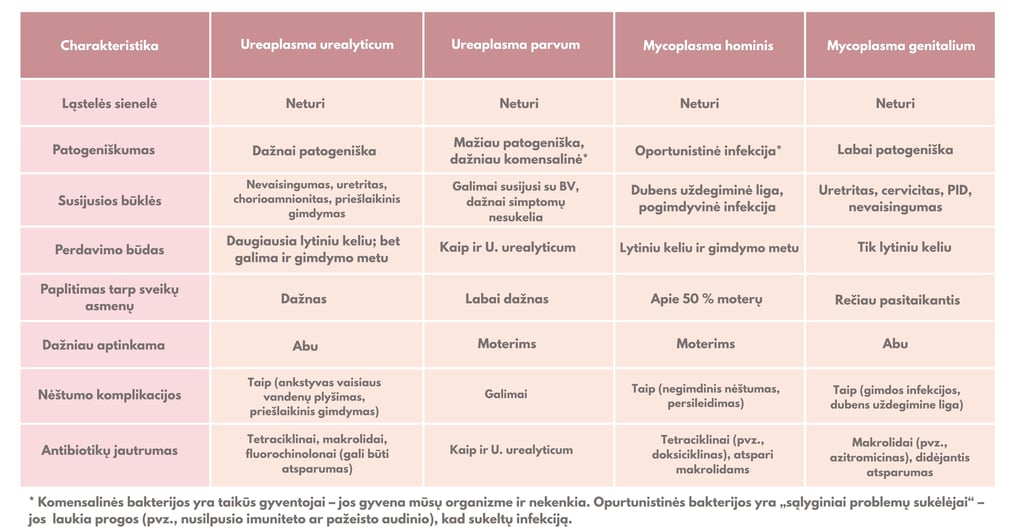 Ureaplazmų ir Mikoplazmų palyginimas - lentelė