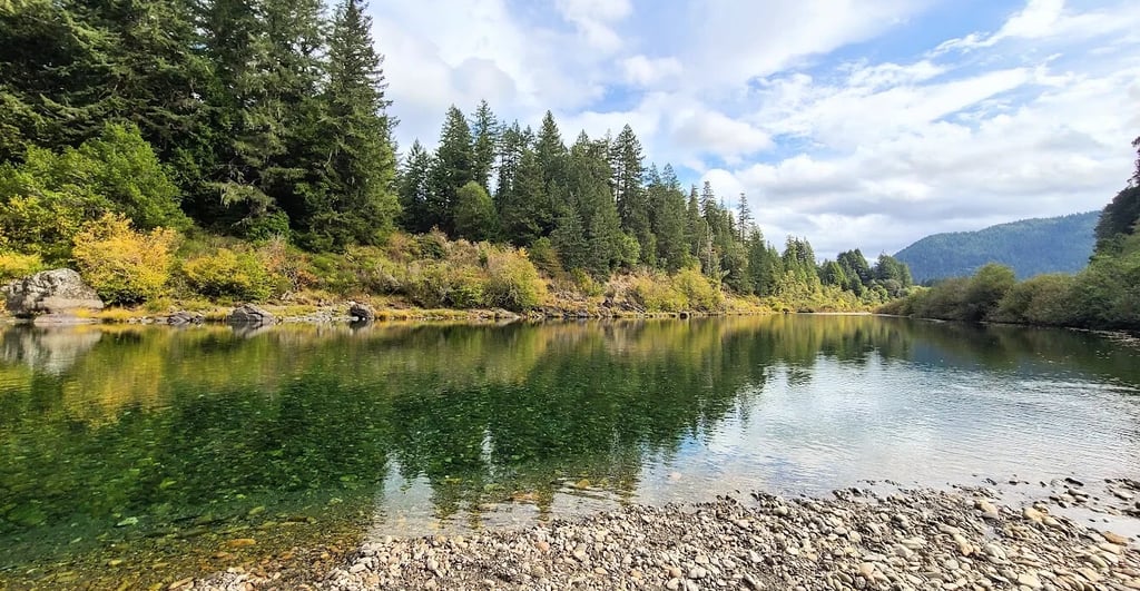 CA Coast - Emerald waters of Smith River running thru Jedediah Smith Redwood Park, Stout Grove Trail