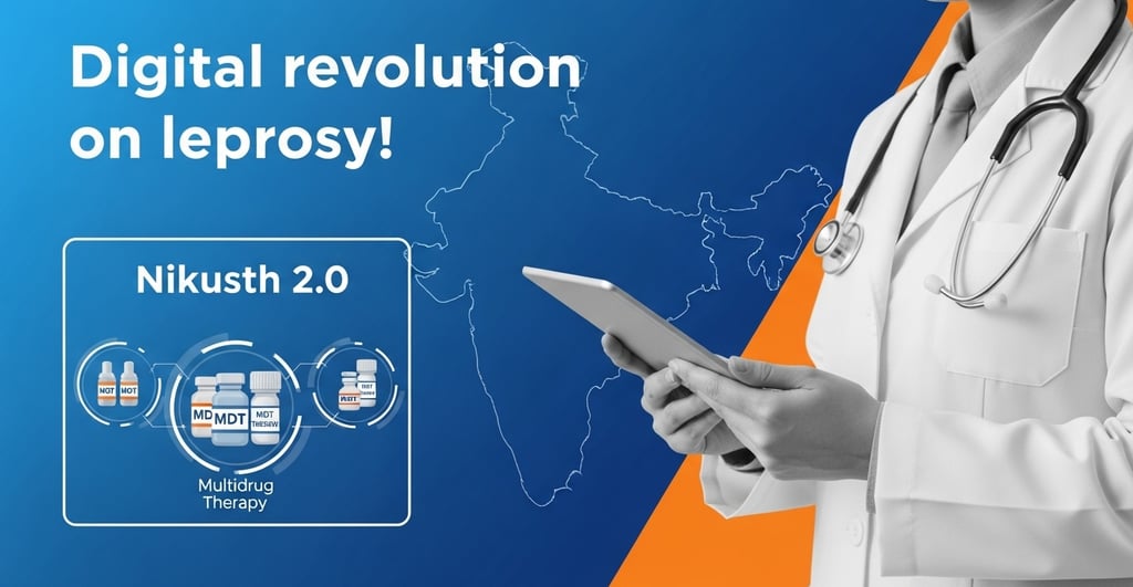 कुष्ठ रोग उन्मूलन में Nikusth 2.0 डिजिटल प्लेटफ़ॉर्म का उपयोग करते डॉक्टर और MDT दवाओं के आइकन