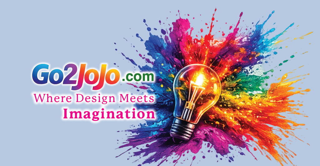 A glowing light bulb over a colorful paint splash with the Go2Jojo.com logo and creative design slogan.