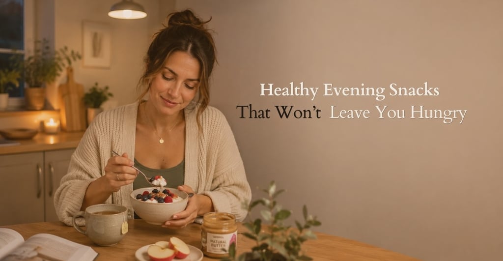 A woman enjoying a healthy evening snack of yogurt and berries in a cozy, dimly lit kitchen.