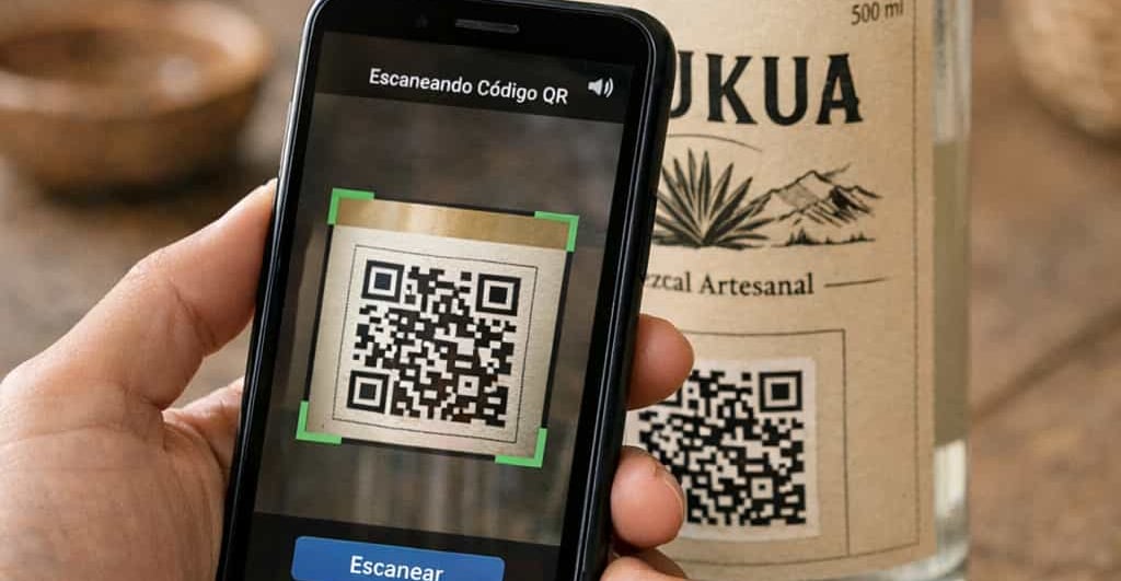 Persona sosteniendo smartphone que escanea código QR de botella de mezcal artesanal Etukua sobre mes