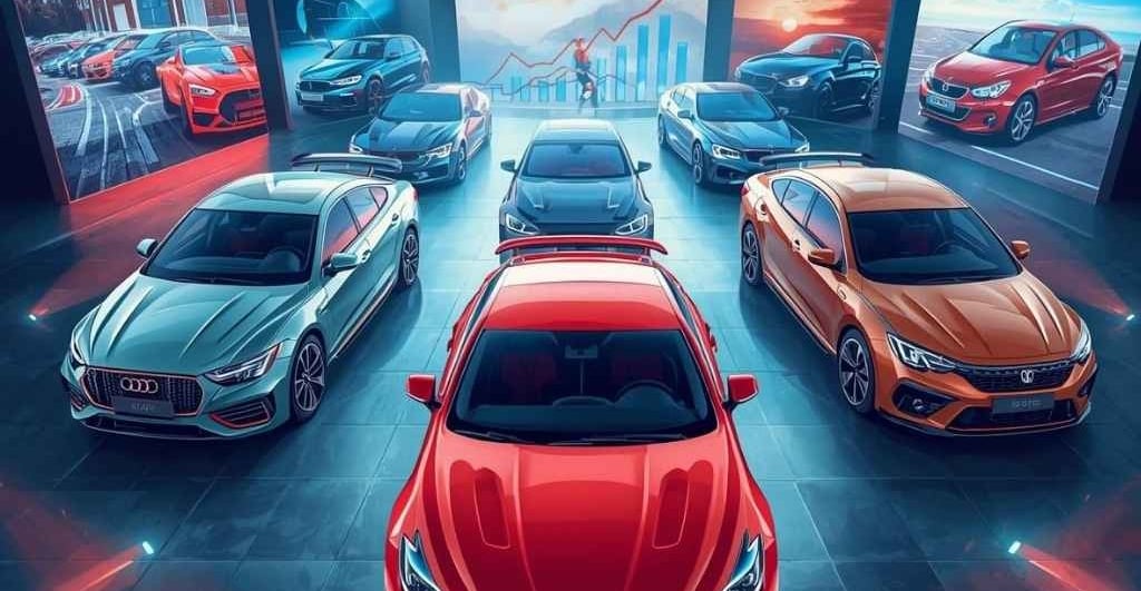 Carros modernos em um salão automotivo representando o crescimento das marcas automotivas no ano 