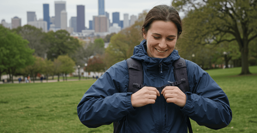 Traveler smiles warmly while adjusting a layer of adaptable clothing outdoors, with a blurred 