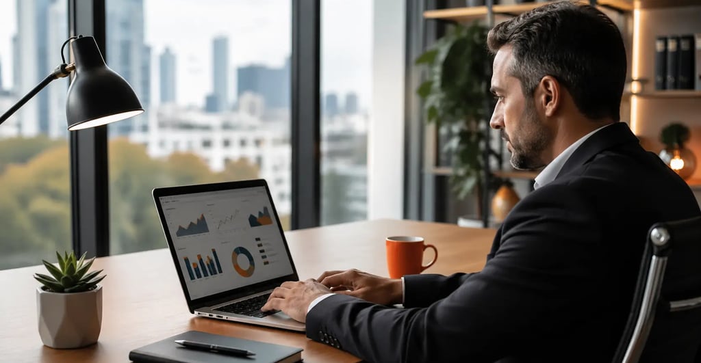 Business professional reviewing network data to decide on leased line speed