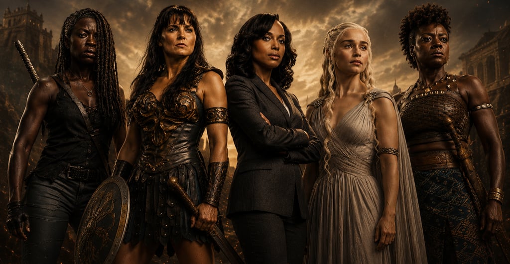 Powerful female warriors and leaders from cinema and television stand together in a dramatic pose.