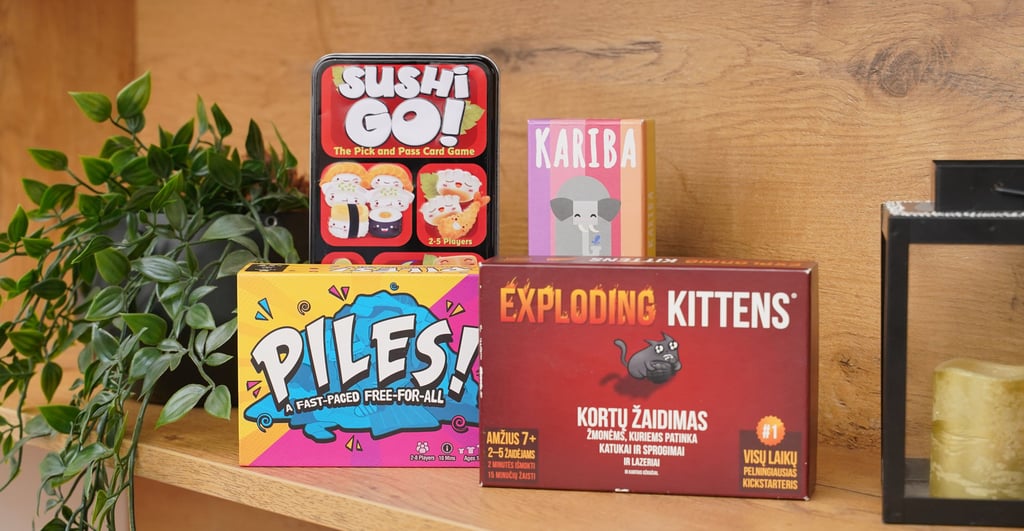 Stalo žaidimų dėžutės: Sushi Go, Piles, Kariba, Exploding Kittens