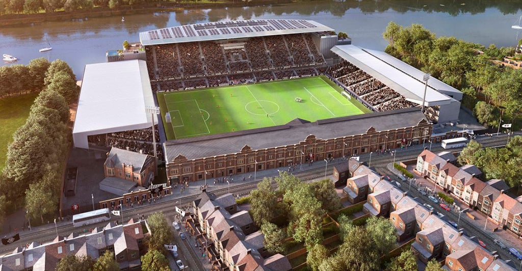 Luftaufnahme des Craven Cottage, Heimstadion des Fulham FC in London, direkt an der Themse gelegen.