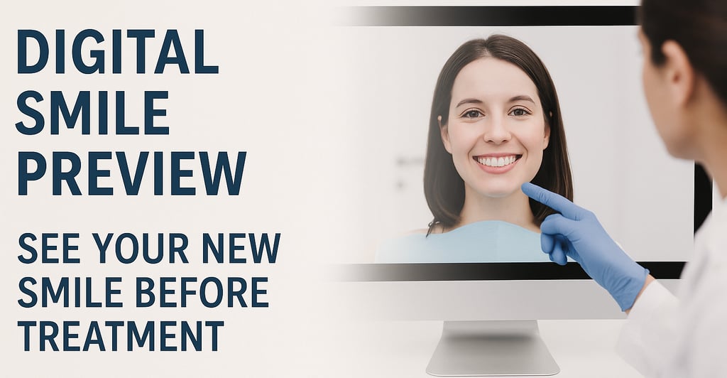 Digital Smile Preview showing a dentist pointing at a computer screen displaying a patient’s simulat