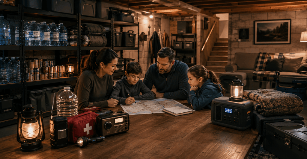 A family reviews an emergency preparedness plan in a basement with survival supplies and a portable power station.