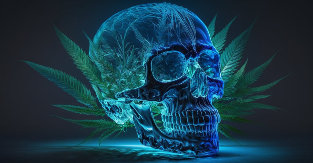 a skull head with marijuana leaves on it
