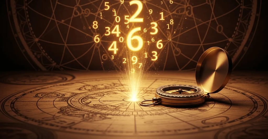 Números dorados flotando sobre un mapa antiguo y una brújula, representando el cálculo del Número